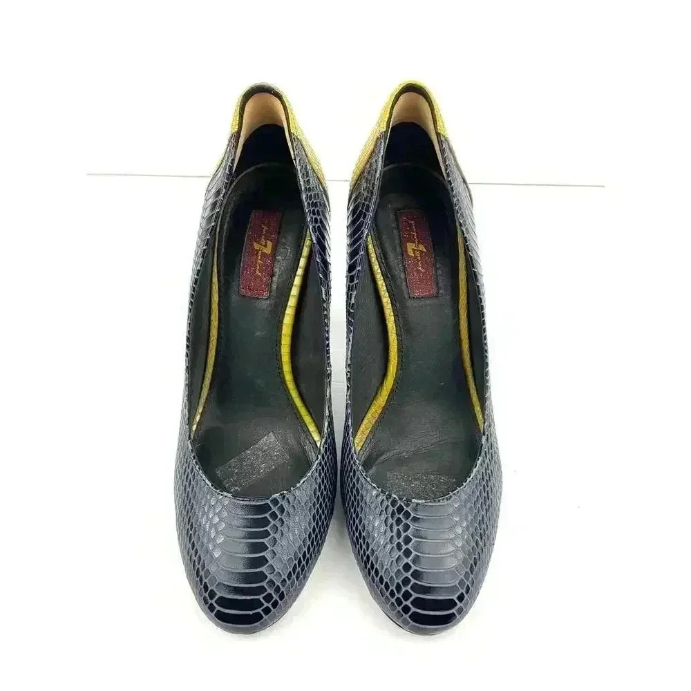Wooden Heels‎ Pumps Blue Yellow Snake Style 10 7 For All Mankind Women's Leather - Picture 2 of 13
